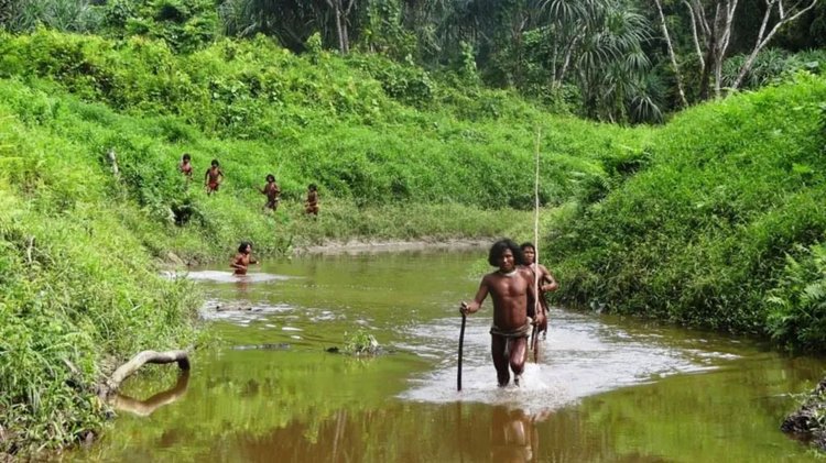 গ্রেট নিকোবর দ্বীপে শোম্পেন জনজাতির সদস্যরা একটি নদীর মধ্য দিয়ে হাঁটছে। ছবি: আর্কিওলজিকেল সার্ভে অব ইন্ডিয়া