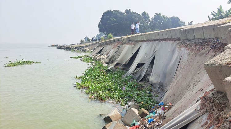 পদ্মাসেতু রক্ষা বাঁধে ধস। ছবি: আজকের পত্রিকা